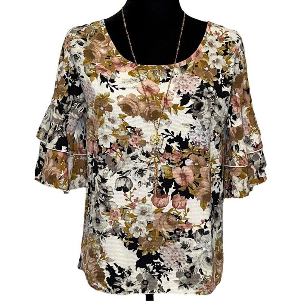 NWT Free Kisses Ivory Pink Black Floral Bell Sleeve Attached Necklace Top Size M
